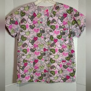 I Love Scrubs Colorful Heart Pattern Scrub Top Size Large